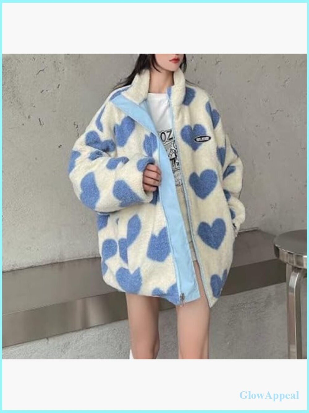 Women's Reversible Fleece Sherpa Jacket Kawaii Heart Print Zip Up Cozy - Picture 5 of 7